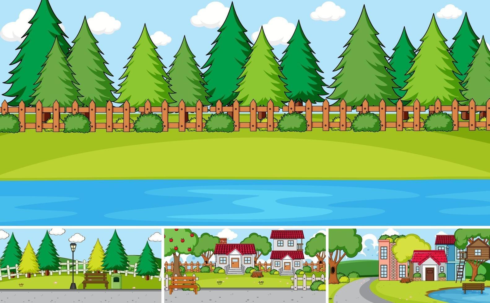 Set of different outdoor house scenes cartoon style vector