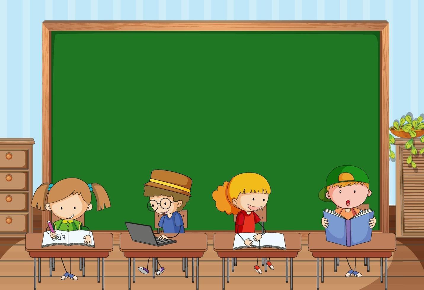 Empty blackboard in classroom scene with many kids doodle cartoon character vector