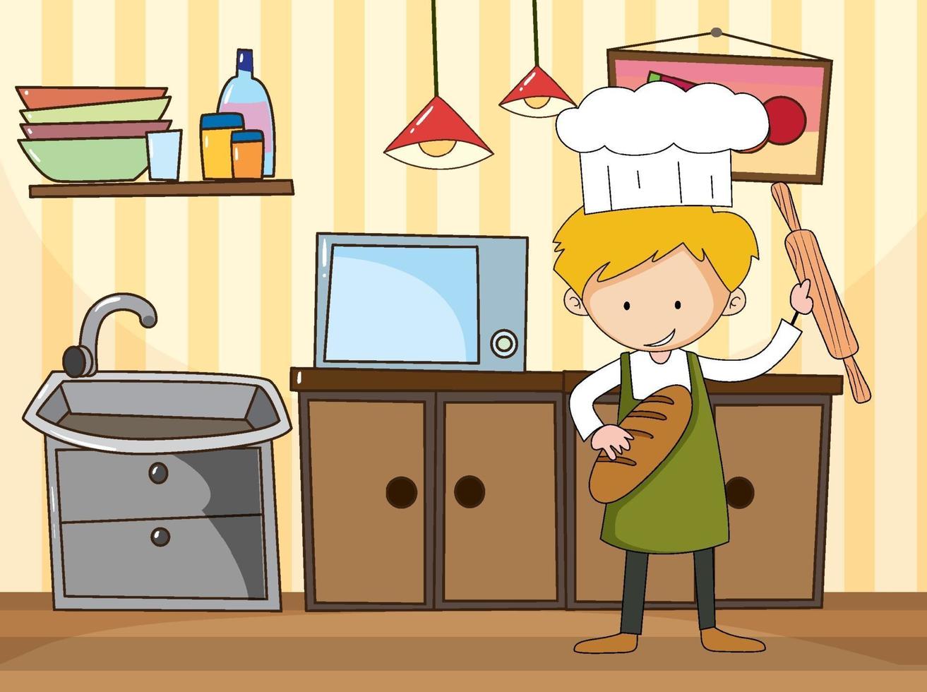 Baker man in the kitchen scene with equipments vector