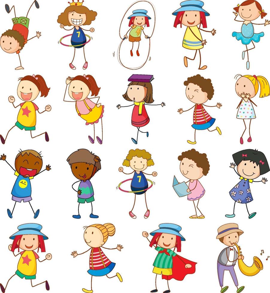 conjunto de diferentes niños en estilo doodle vector