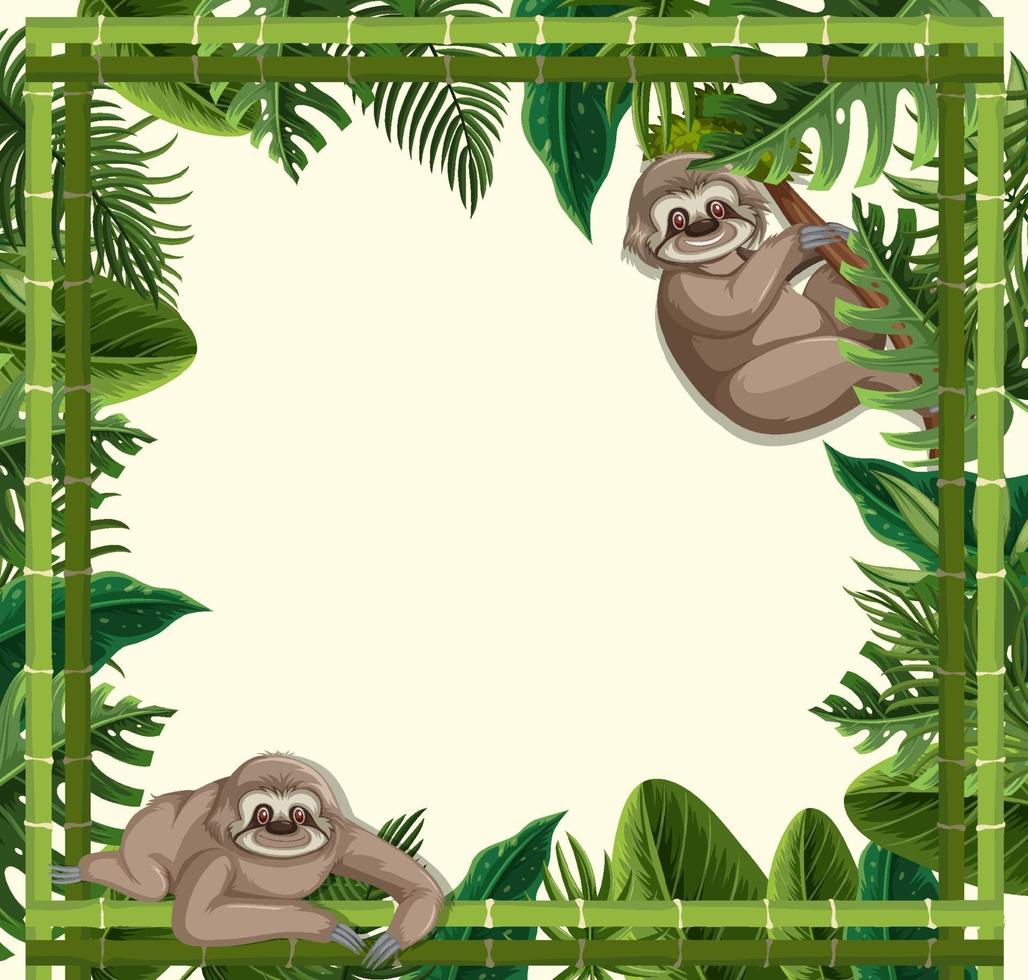 Empty tropical leaves frame banner with sloth cartoon character vector