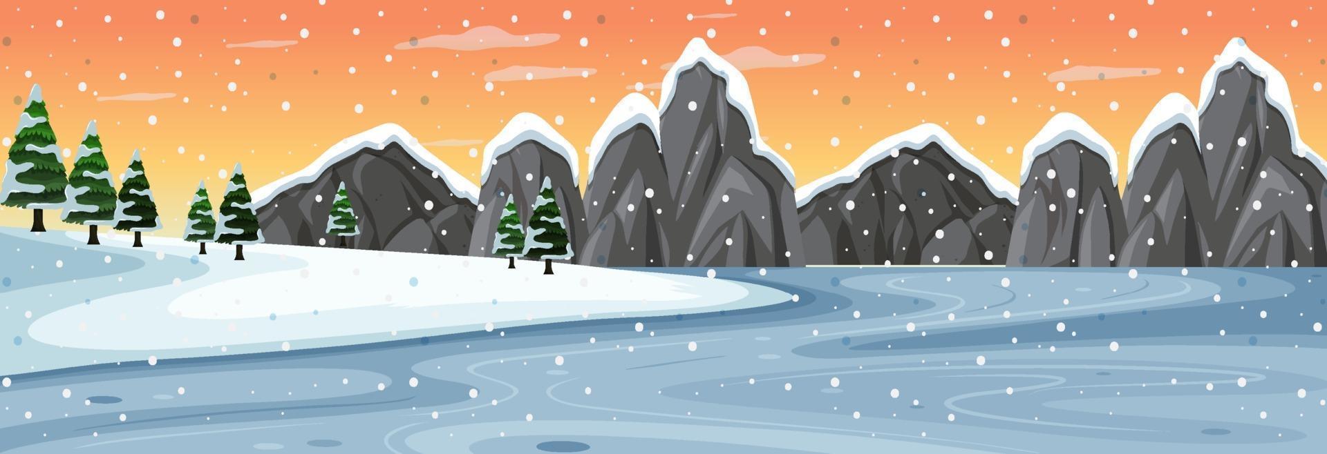 Snow horizontal scene with mountain landscape at sunset vector