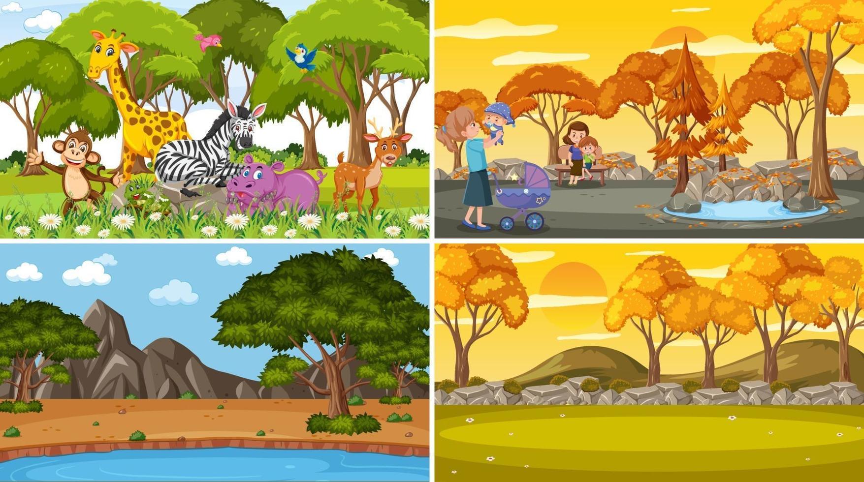 conjunto de diferentes escenas de la naturaleza de fondo en estilo de dibujos animados vector