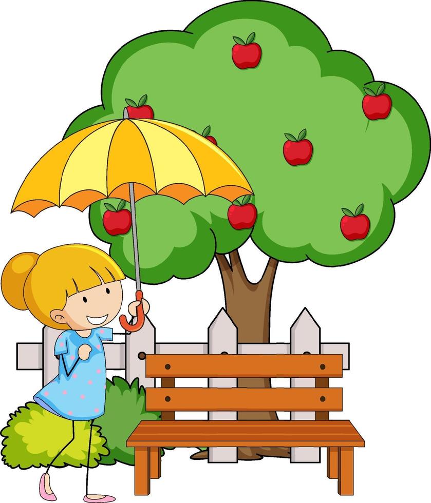 Doodle cartoon character a girl holding an umbrella with apple tree vector