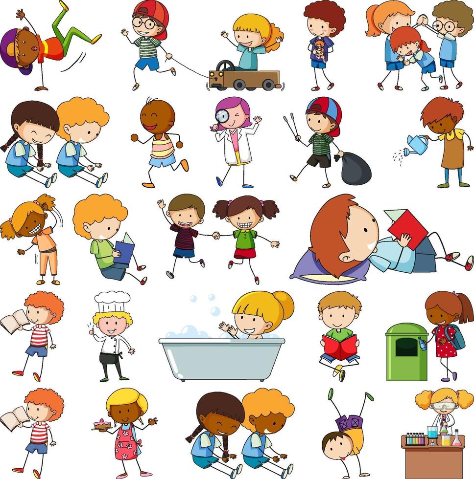 Set of different doodle kids cartoon character vector