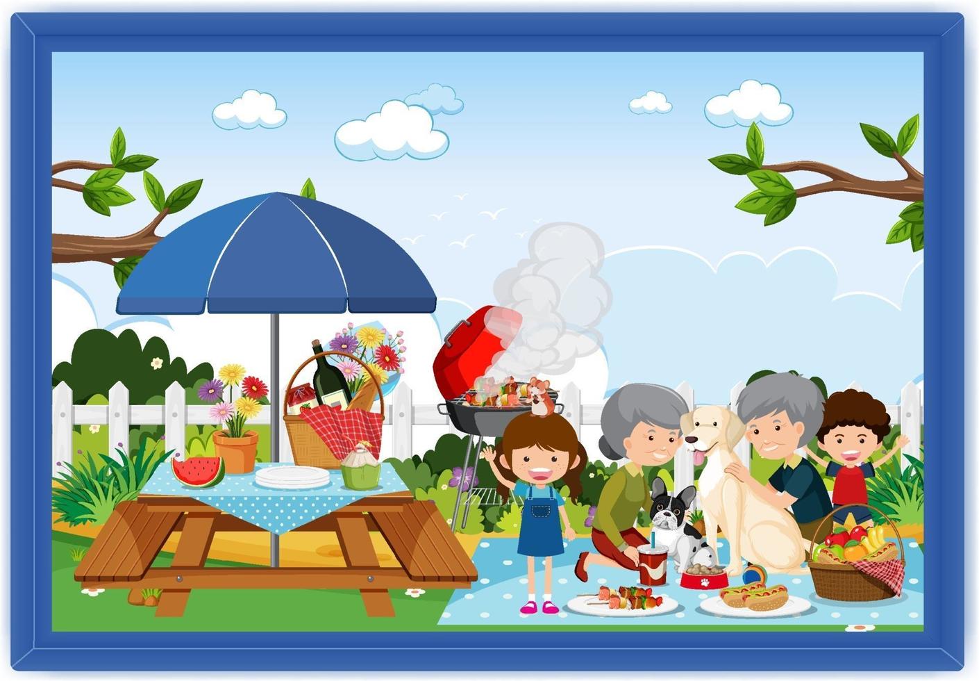 Happy family picnic outdoor scene in a photo frame vector