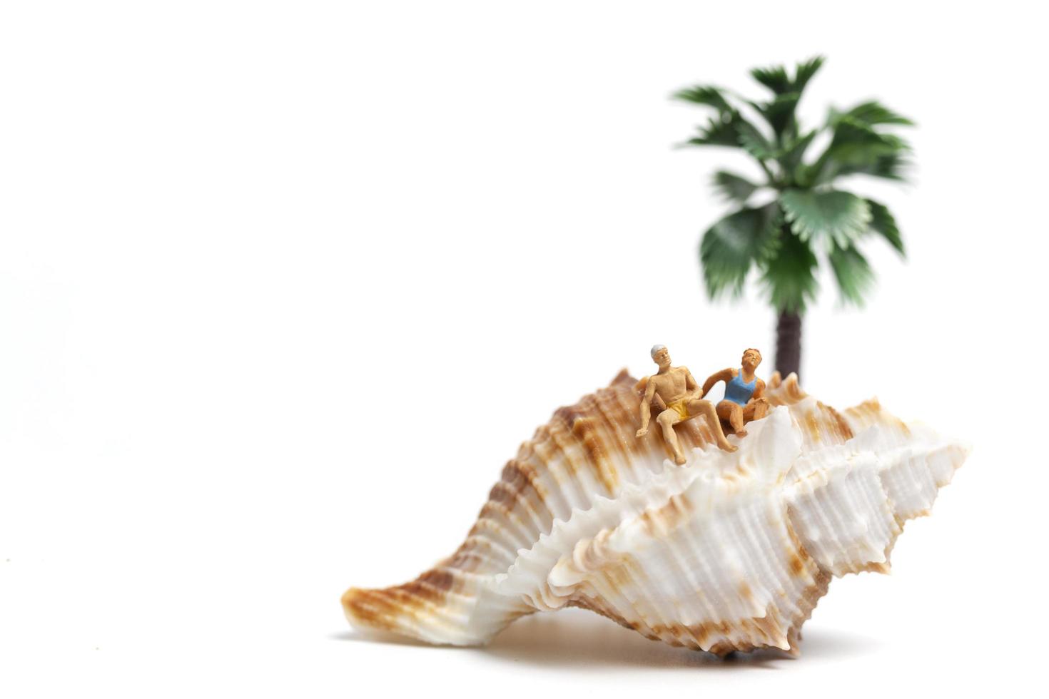 Miniature people wearing swimsuits relaxing on a seashell on a white background photo