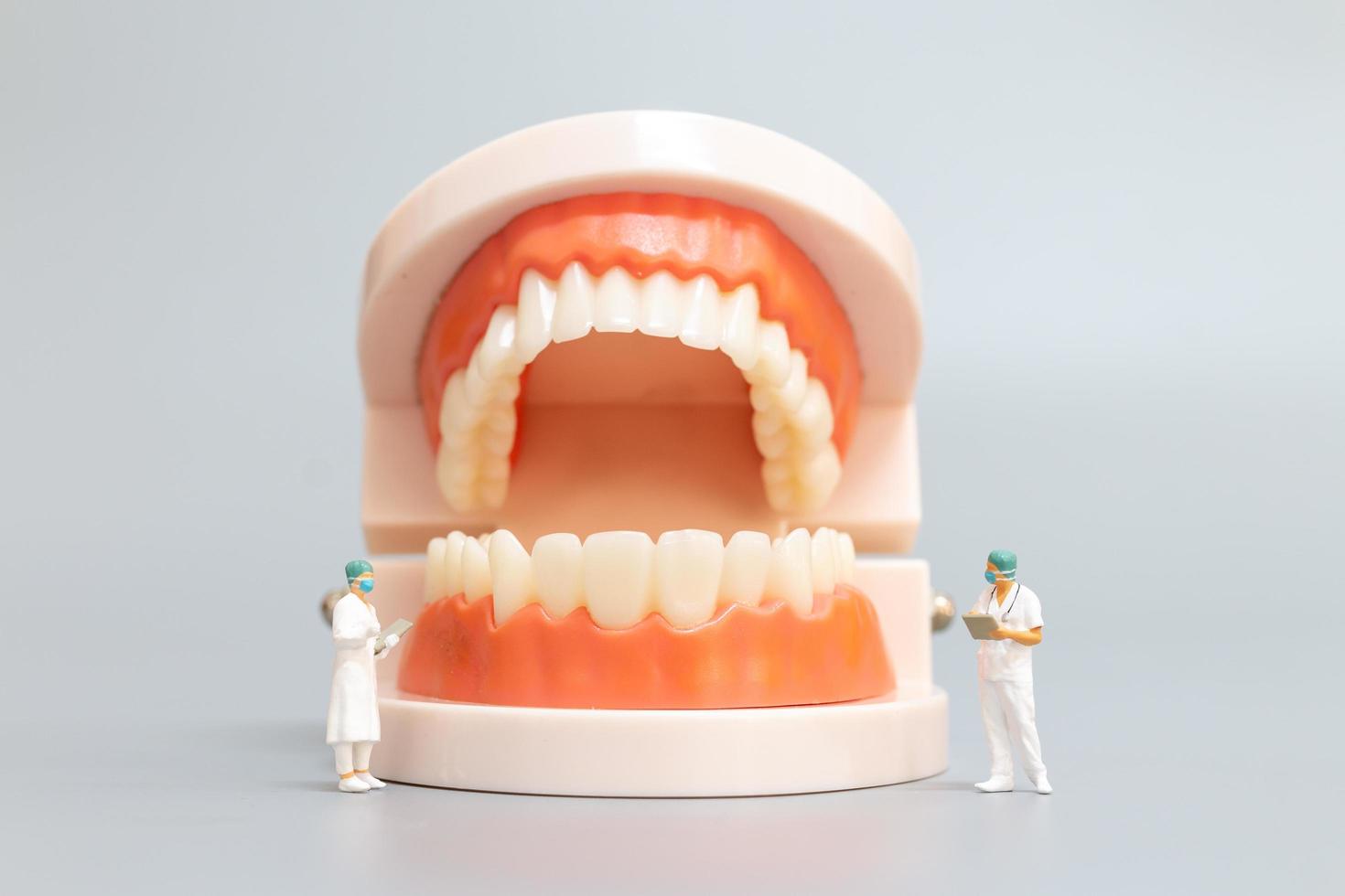 Dentista en miniatura que repara dientes humanos con encías y esmalte, concepto médico y de salud foto