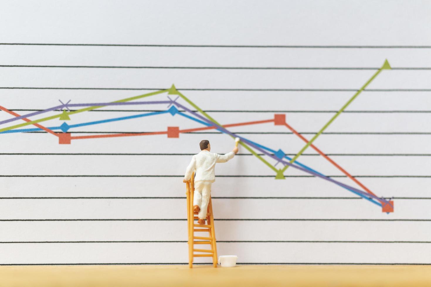 Miniature worker painting business graphs on a white background, business growth concept photo