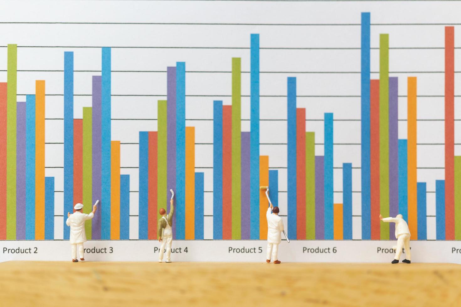 Miniature worker painting business graphs on a white background, business growth concept photo