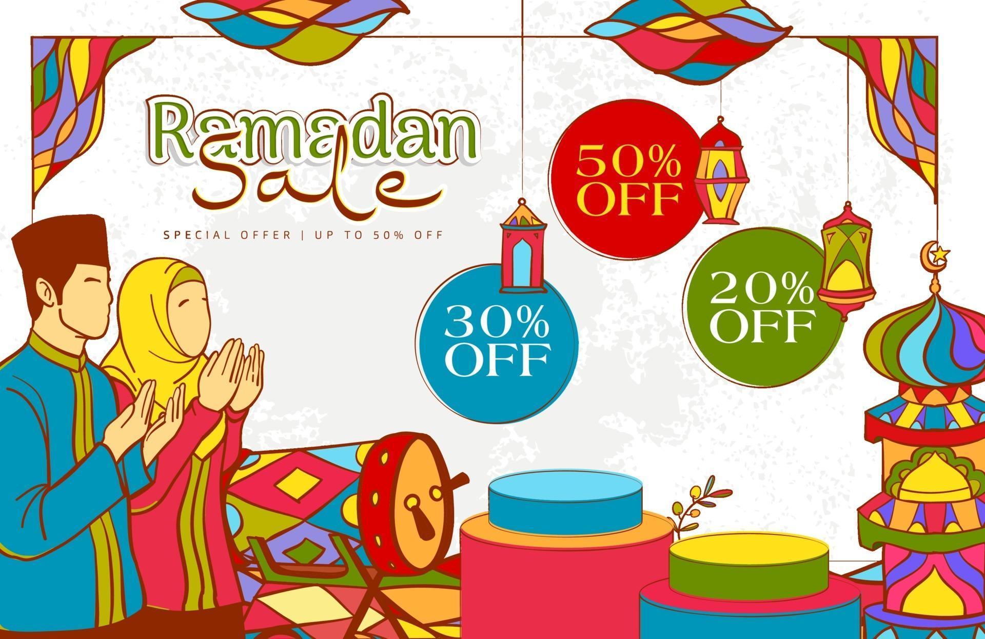 Hand Drawn Ramadan Kareem Illustration With Colorful Islamic 2132032