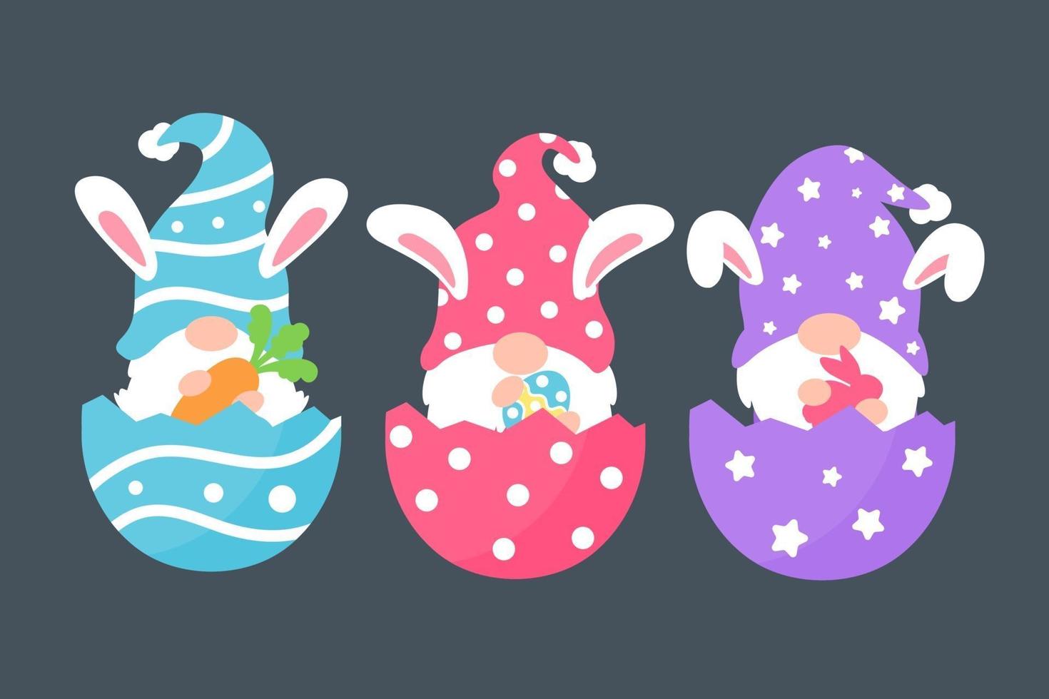 Cute gnomes wearing bunny ears holding carrots in eggs vector