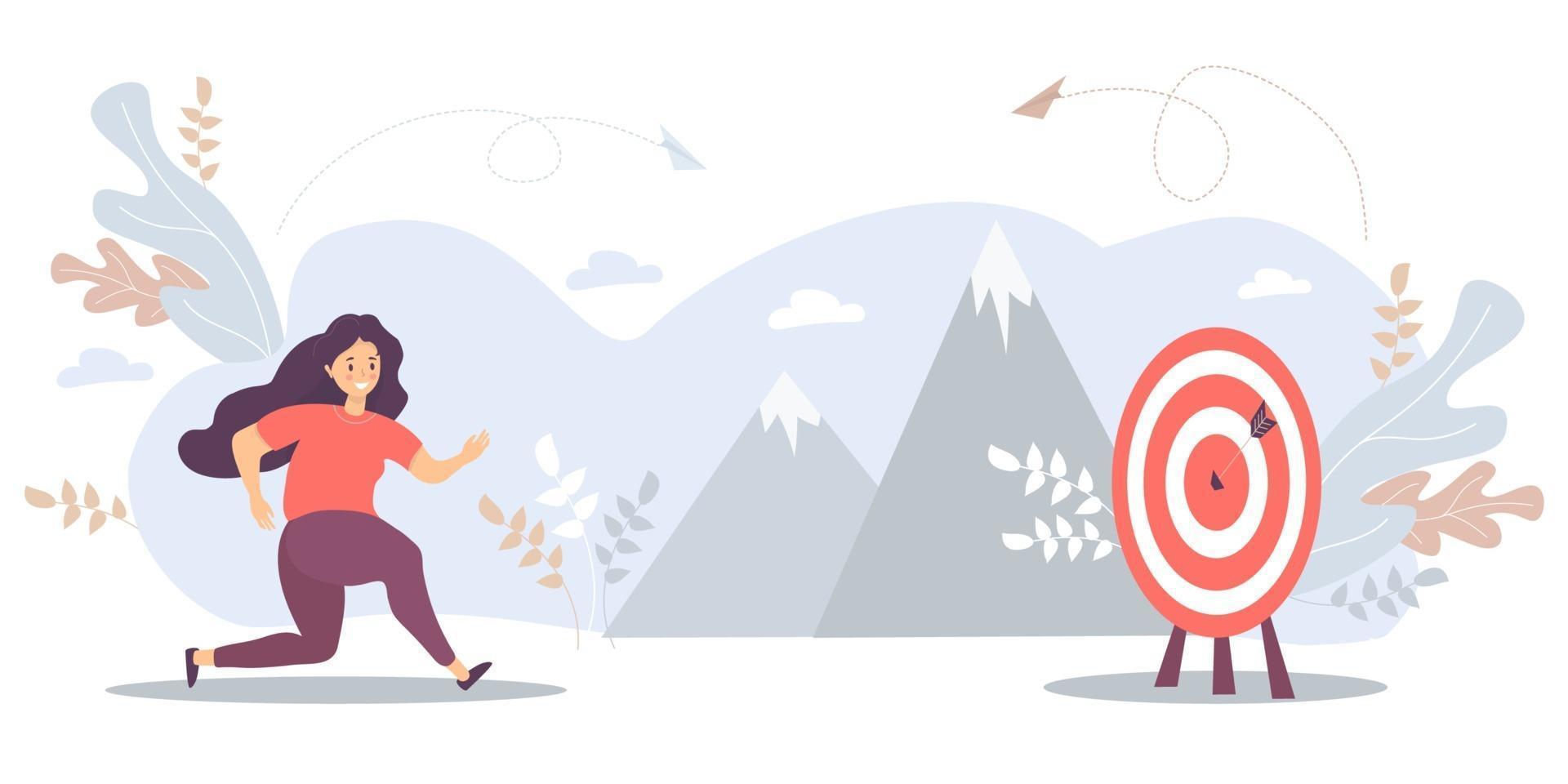 A woman runs to her target, moves on motivation towards the goal, on the way to the pinnacle of success. Vector illustration for task, goal, achievement, business, marketing and business concept