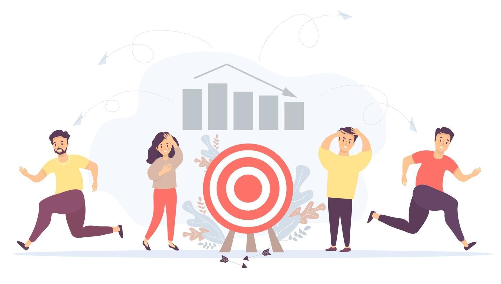 Vector. Business concept - crisis, failure, collapse of relationships and teamwork. A man and a woman near the target with falling arrows. People run away. Against the background of graphs and columns vector