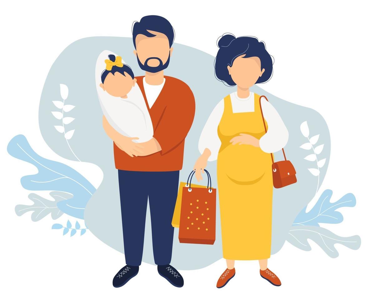Happy Family flat vector. A pregnant woman in a yellow dress holds paper bags from the store in her hand. Next to her is a husband in her arms with a newborn daughter against. Vector illustration