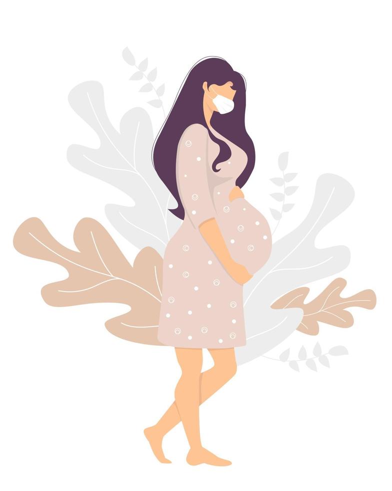 Motherhood. Happy pregnant woman in a medical mask stands and gently hugs her stomach with her hands. Decor from tropical plants and leaves. Vector illustration