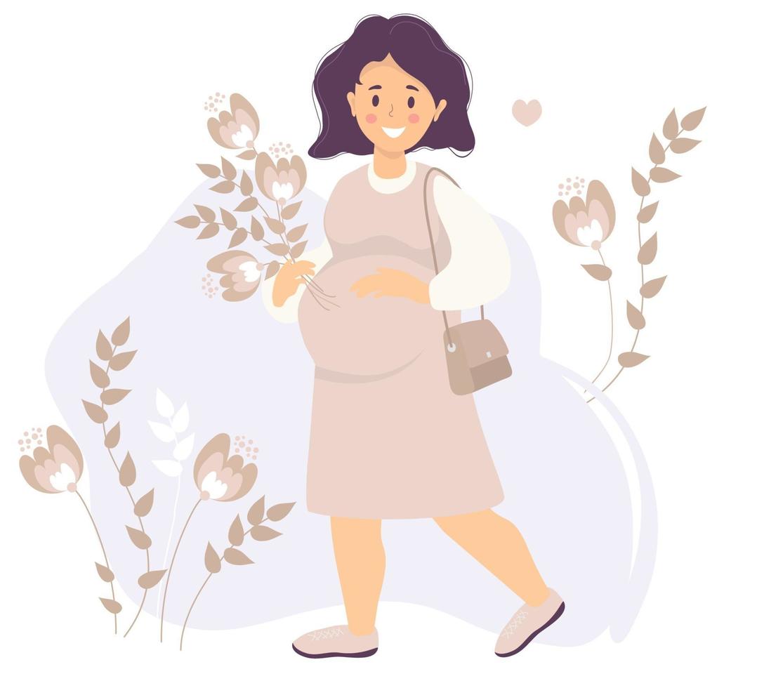 Motherhood. Happy pregnant woman in a pink dress smiling with one hand gently hugging her belly and holding a bouquet of flowers with the other. She loves. Vector. flat illustration vector