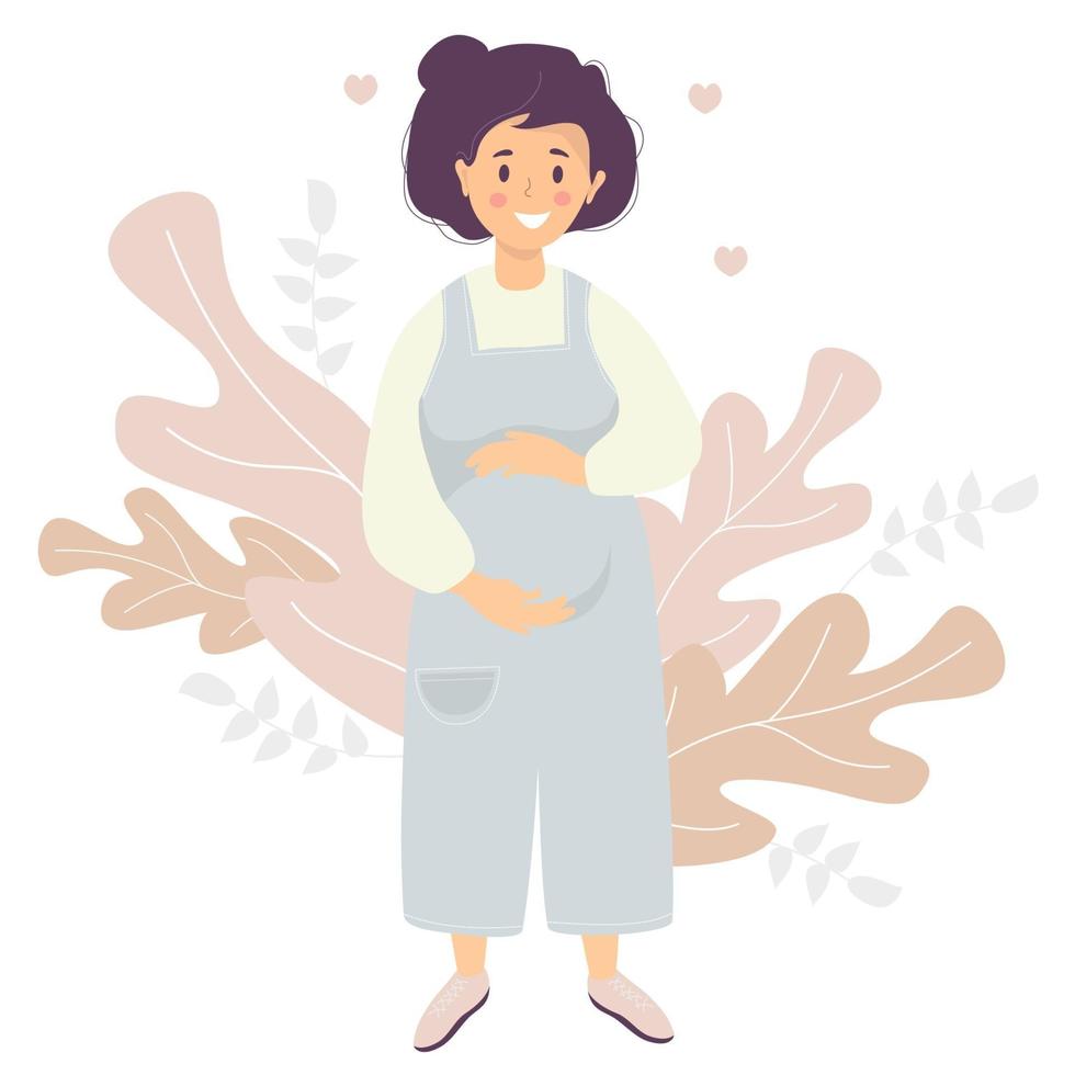 maternidad. Feliz mujer embarazada en pantalones de mono azul abraza suavemente su estómago con las manos. ilustración vectorial. personajes de diseño plano sobre fondo decorativo de hojas tropicales y corazones vector