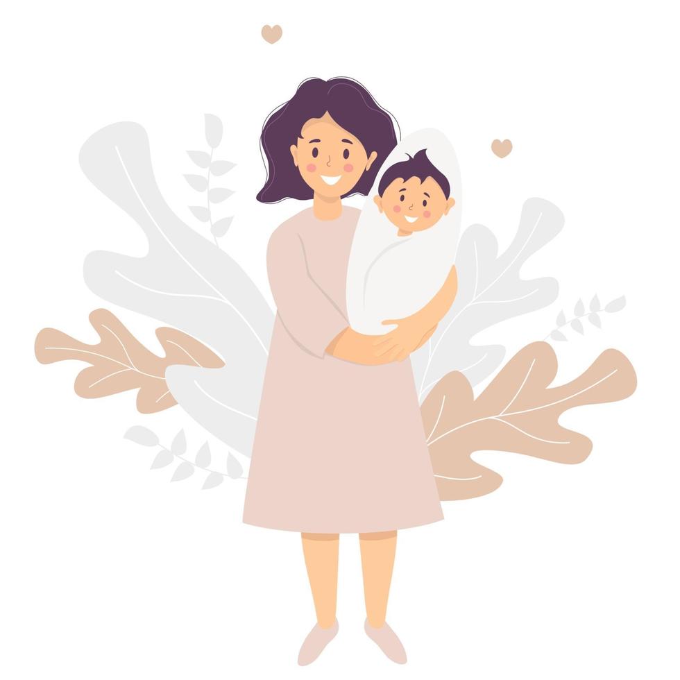 maternidad. mujer de sonrisa feliz con un bebé recién nacido en sus brazos se encuentra en el fondo patrón decorativo de hojas y plantas tropicales. vector. ilustración plana. familia feliz - feliz mamá y bebé vector