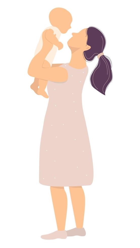 Motherhood and a happy family. A young mother in a pink dress with a newborn baby in her arms. Vector illustration