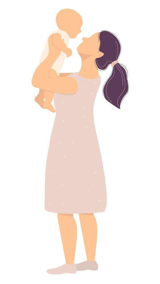 maternidad y una familia feliz. una madre joven con un vestido rosa con un bebé recién nacido en sus brazos. ilustración vectorial vector