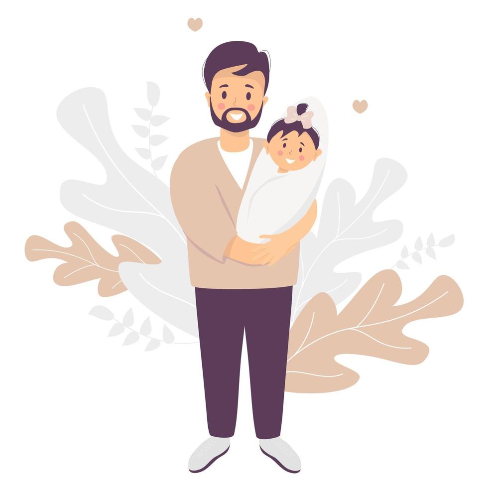 Happy father. Smiling Man with a newborn baby girl daughter in his arms. Stands on a decorative background of tropical leaves. Vector illustration. Happy family - young dad and baby. flat illustration