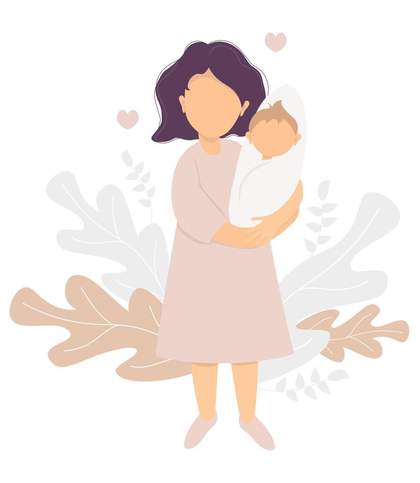 Motherhood and Happy family - happy mom and baby. Young mother stands with a newborn baby in her arms. On the background decorative pattern of tropical leaves and plants. Vector illustration