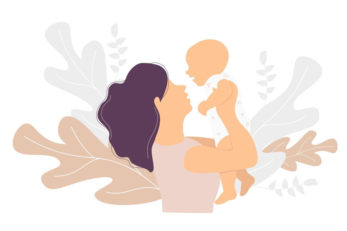 Motherhood. Happy woman with a baby in her arms on a background with a tropical decor of branches and plants. Vector illustration. Concept - Mom and little baby. family vector flat