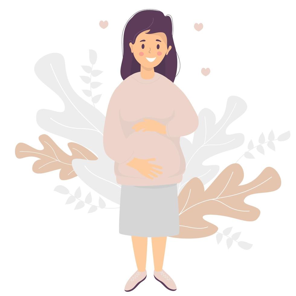 maternidad. feliz mujer embarazada con un suéter rosa y falda azul abraza tiernamente su estómago con sus manos. ilustración vectorial. diseño de personajes planos vector