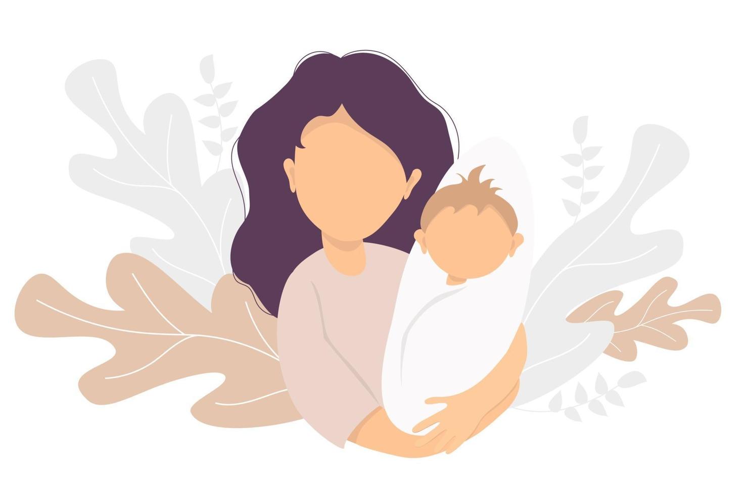 Motherhood. Happy woman with a newborn baby in her arms. On the background decorative pattern of tropical leaves and plants. Vector illustration. Happy family - happy mom and baby. flat illustration