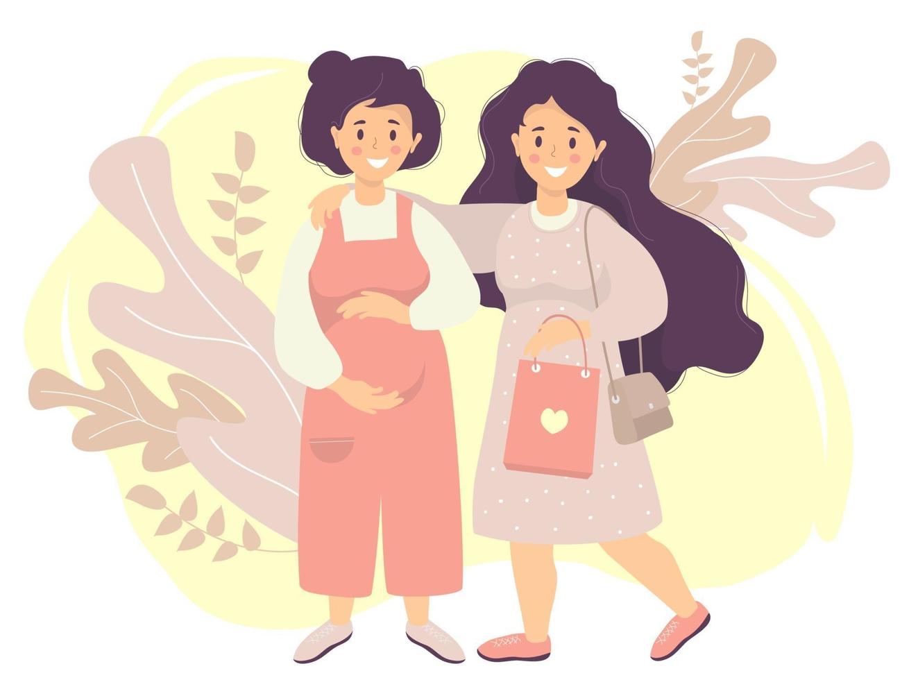 maternidad y feliz familia lgbt femenina. una mujer embarazada con un mono se acaricia el vientre con las manos. es abrazada por una niña de cabello largo y una bolsa en sus manos. vector ilustración plana