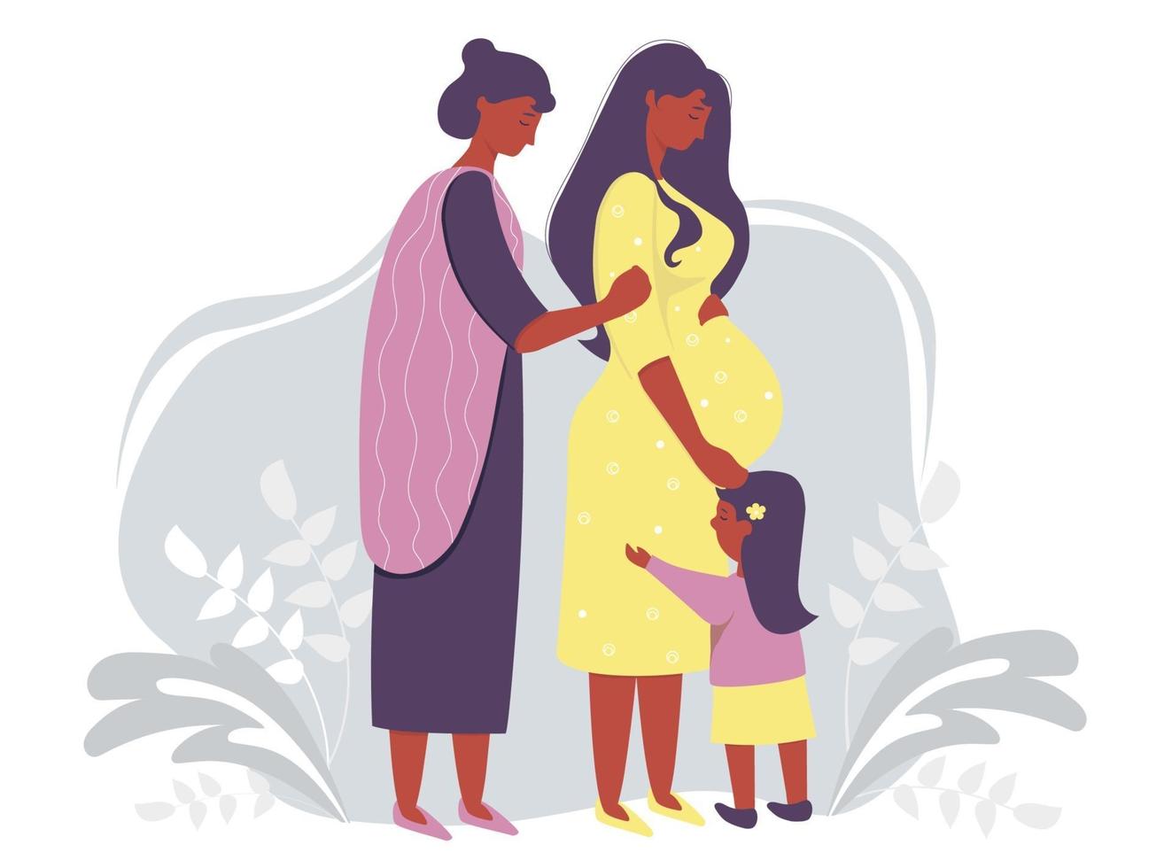 maternidad y familia étnica. feliz mujer embarazada de piel oscura con un vestido amarillo abraza suavemente su vientre. junto a ella hay una mujer madre e hija sobre un fondo decorativo gris. ilustración vectorial vector