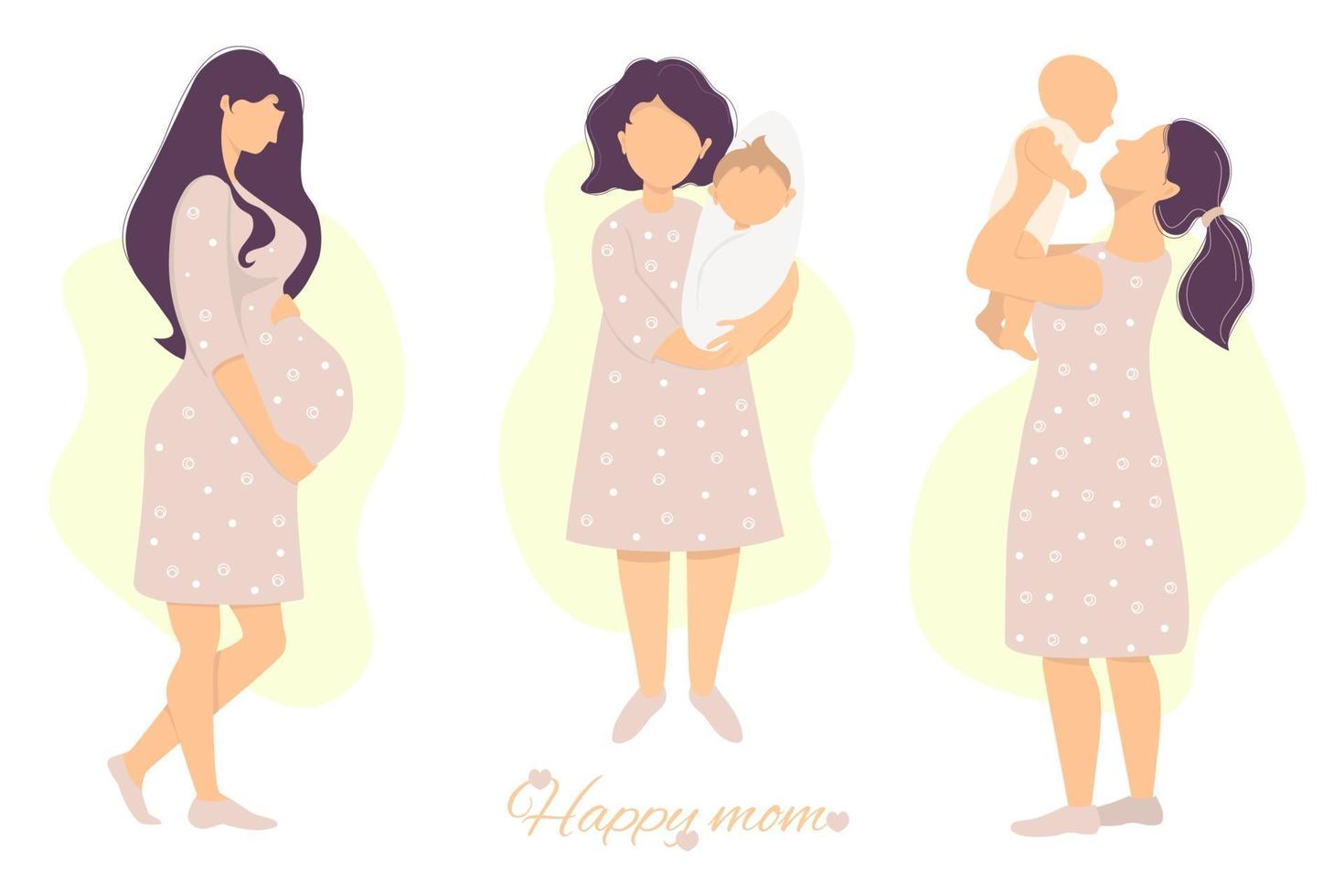 Vector set of Motherhood and Pregnancy. Happy pregnant woman stroking her belly with her hands, and cute Happy om with a newborn baby in her arms. flat illustration. isolated