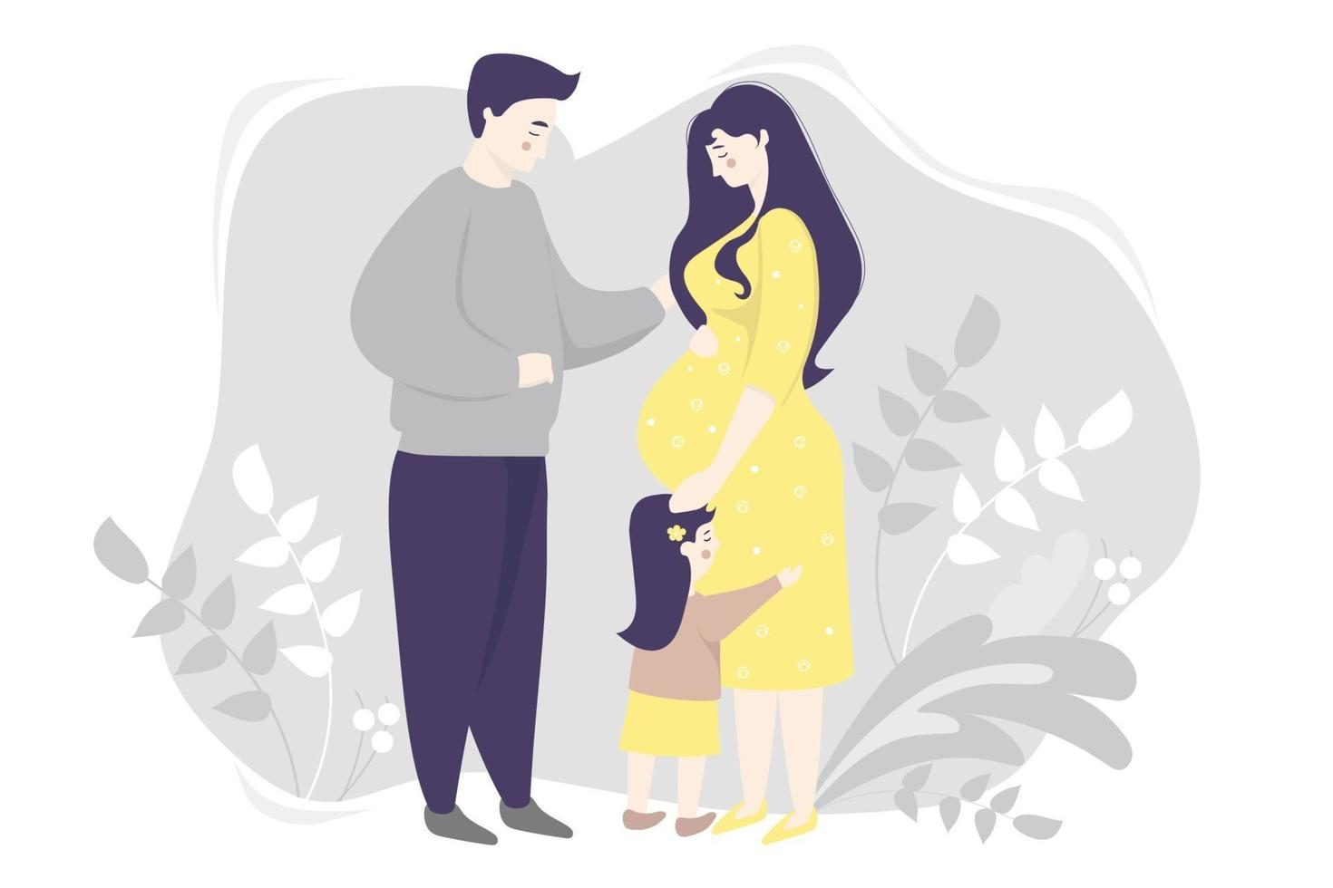 maternidad. vector de familia plana - feliz mujer embarazada con un vestido amarillo, abraza suavemente su vientre. junto a ella hay una hijita y un esposo sobre un fondo gris con plantas. ilustración vectorial