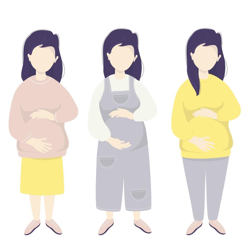 Motherhood. Vector set Happy pregnant woman tenderly hugs her belly with hands in different clothes for pregnant women - jumpsuit, skirt, trousers Vector illustration. flat illustration