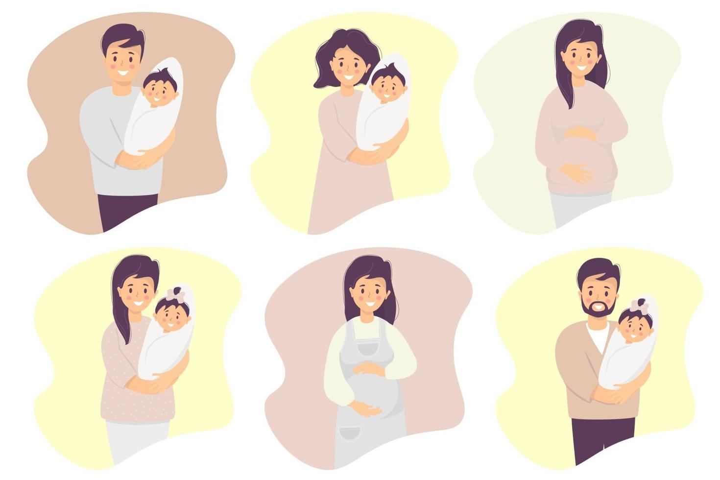 Happy family flat vector set. Happy and smiling, A pregnant woman, dad and mom with a newborn baby in their arms - a son and a daughter. Vector. Isolated. flat illustration