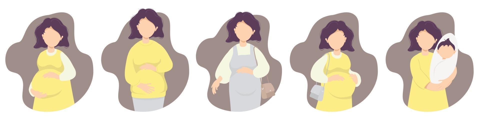 maternidad. el embarazo. vector set querida mujer embarazada feliz: abraza suavemente su vientre con sus manos en diferentes ropas y con un recién nacido. ilustración vectorial. ilustración plana