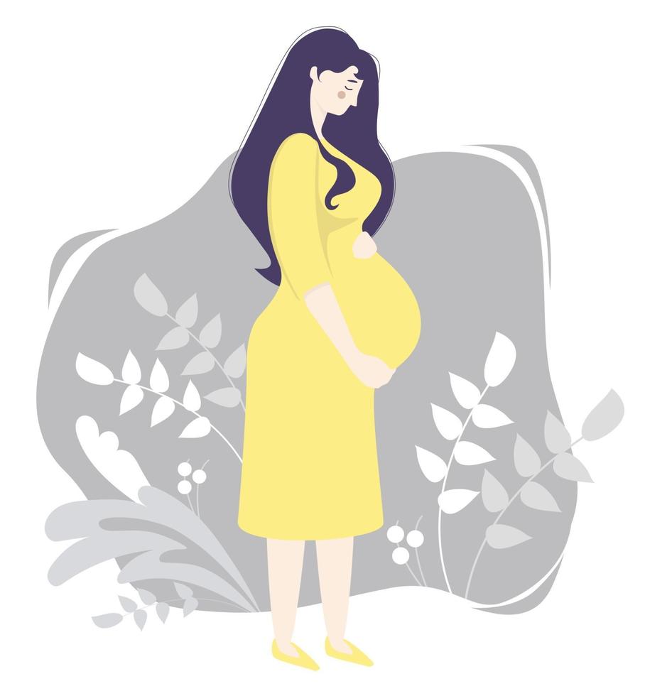 maternidad. feliz mujer embarazada en pleno crecimiento con un vestido amarillo, abraza suavemente su vientre. se encuentra sobre un fondo gris, decorado con ramas y plantas. ilustración vectorial vector