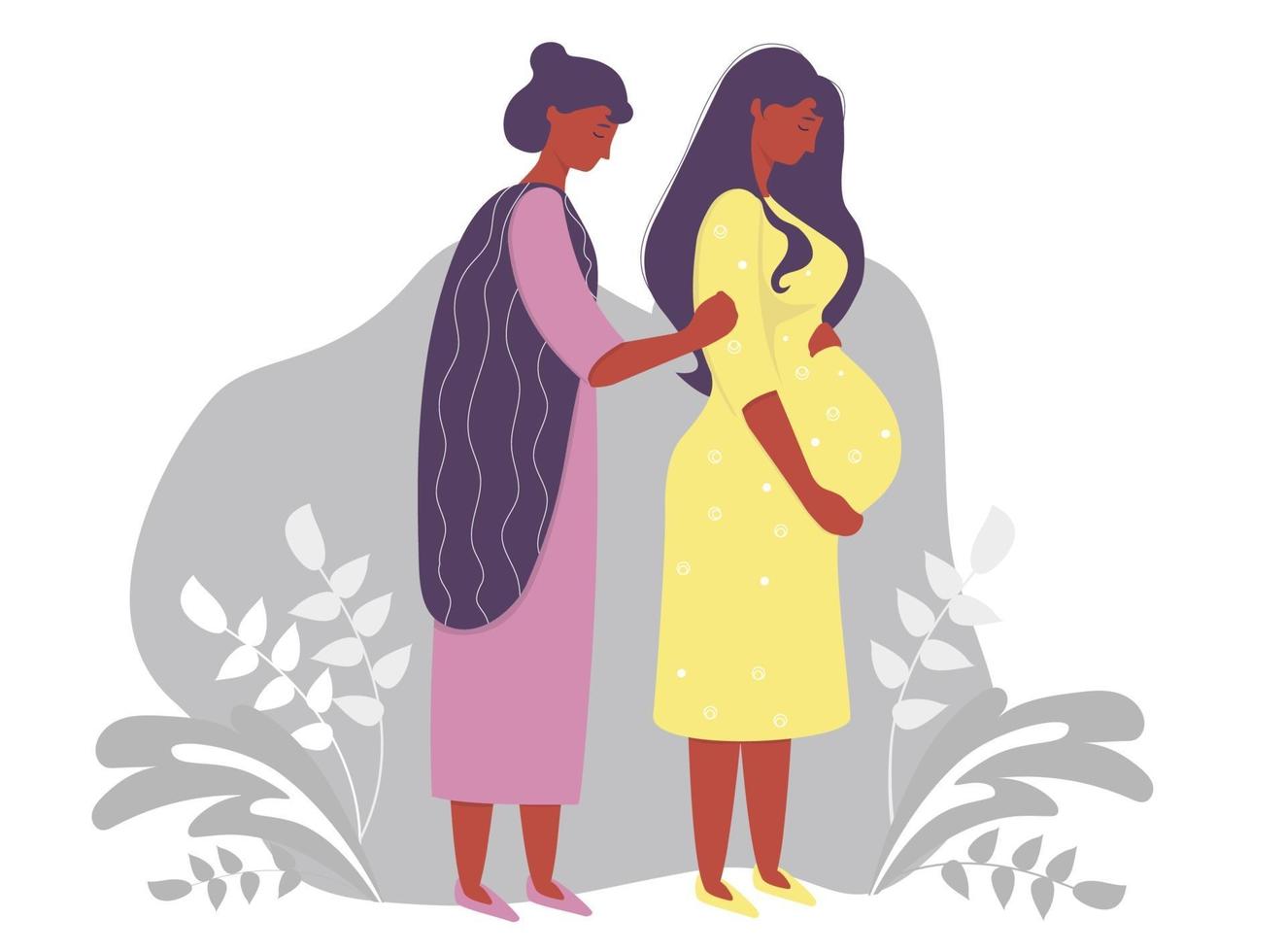 Motherhood. Happy pregnant dark-skinned woman in a yellow dress, tenderly hugs her belly and next to her is a woman mom. on a gray decorative background with branches and plants. Vector illustration