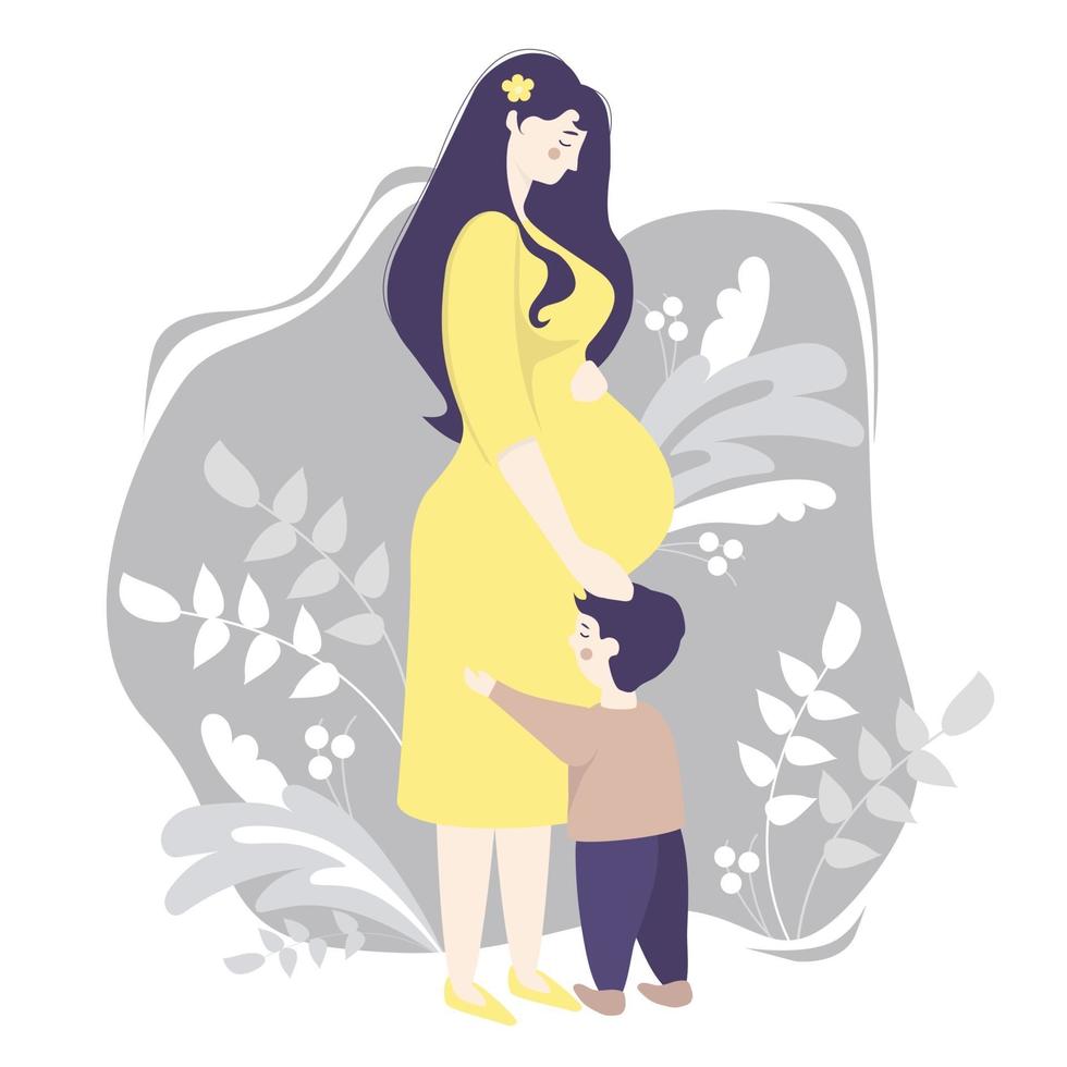 maternidad. feliz mujer embarazada en pleno crecimiento con un vestido amarillo, tiernamente abraza su vientre y un pequeño hijo de pie cerca. fondo gris, decorado con ramas y plantas. ilustración vectorial vector