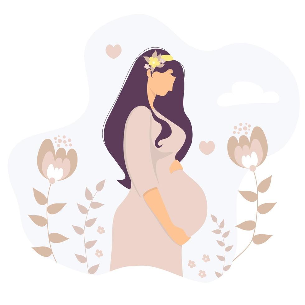 Motherhood. Happy pregnant woman with a bouquet of flowers in her hair gently hugs her stomach with her hands. On the background of plants, leaves, flowers, hearts and clouds. Vector illustration