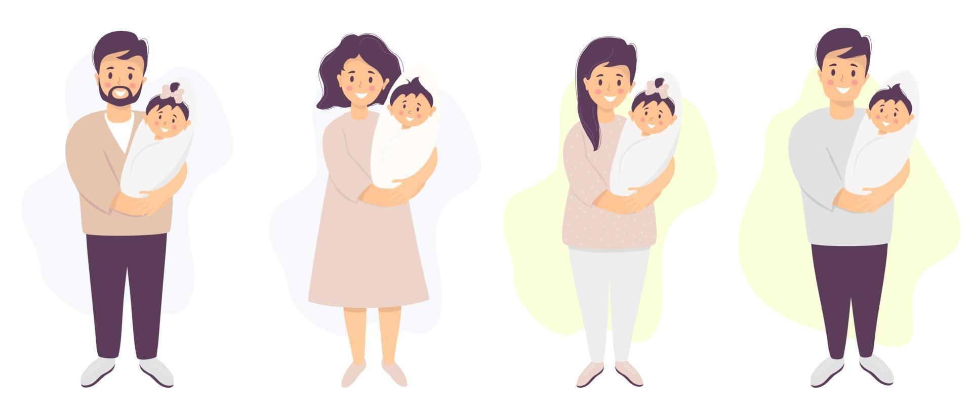 padres felices con un bebé. un hombre y una mujer están de pie y sostienen a su hijo e hija recién nacidos. ilustración vectorial. conjunto de personajes ilustración plana para diseño, decoración, impresión y postales vector