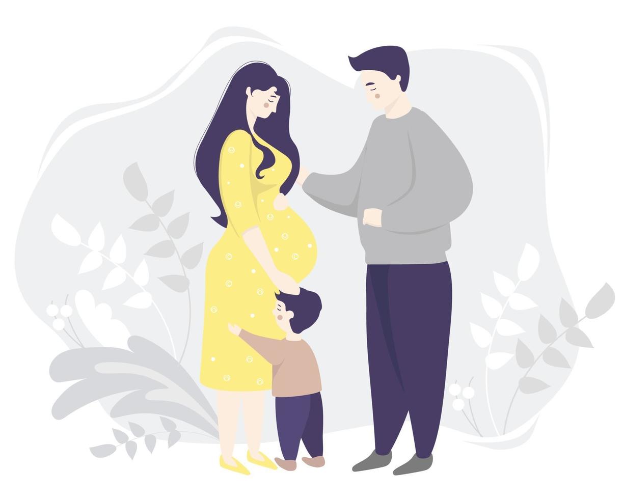 Motherhood. Happy pregnant woman in full growth in a yellow dress, gently hugs her belly. Next to her is the family - son and husband. Gray decorative background with plants. Vector illustration