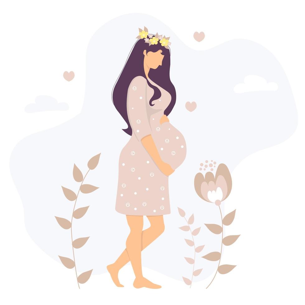 Motherhood. Happy young pregnant woman with a wreath of flowers on her head hugs her stomach with hands. Stands against a background of leaves, flowers, hearts and clouds. Vector illustration