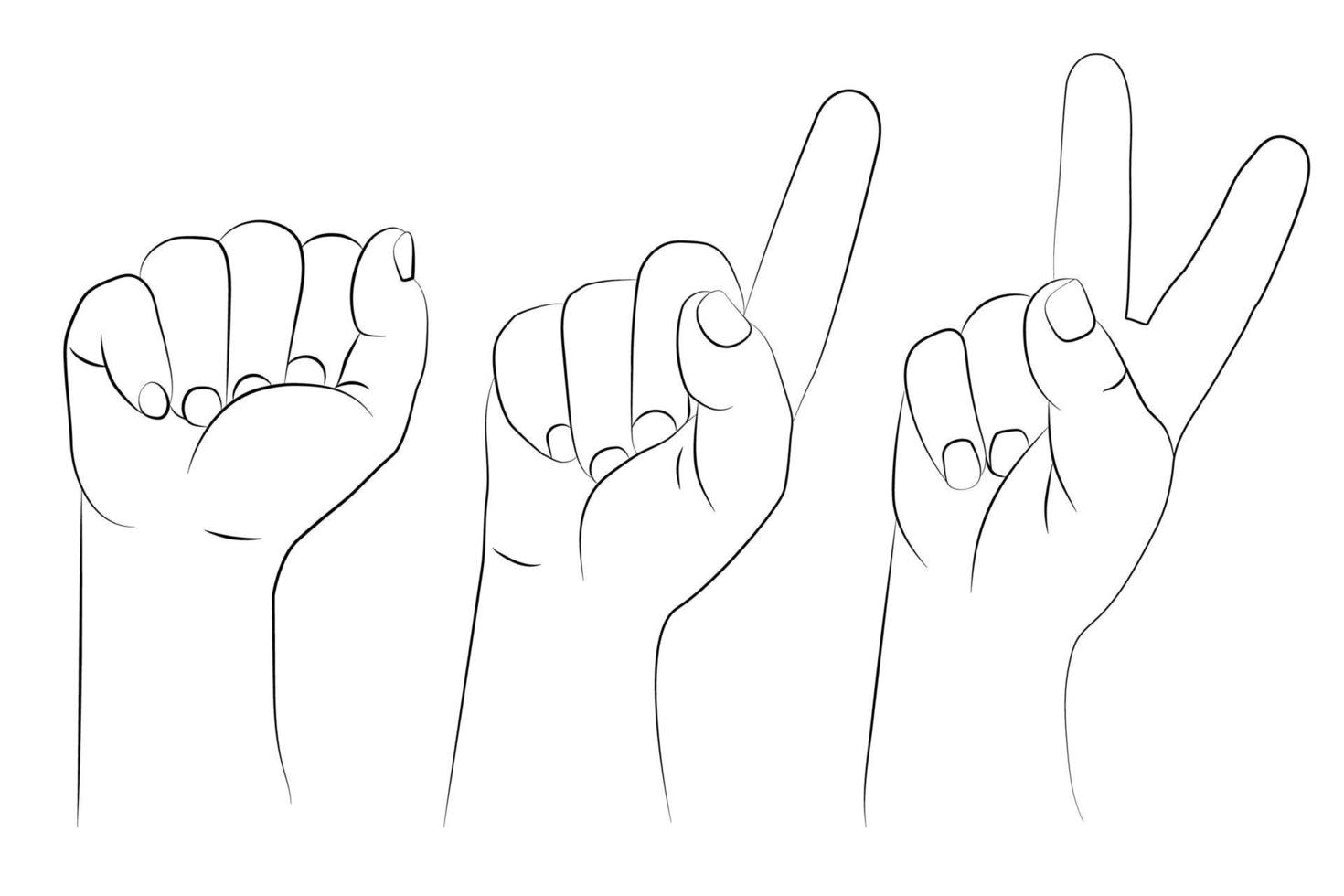 Hand gesture set. A clenched fist raised up, index finger up and two fingers raised. vector