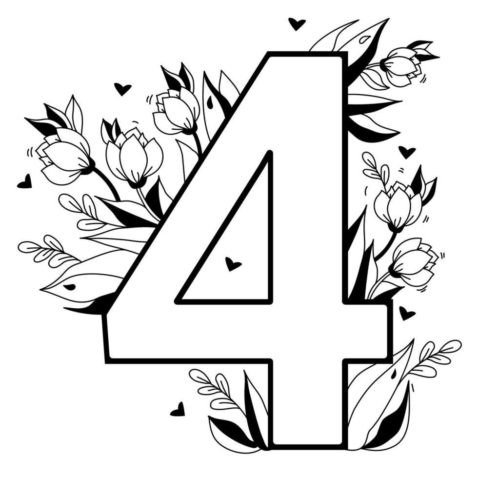 Flower number. Decorative floral pattern numbers Four. Big 4 with flowers, buds, branches, leaves and hearts. Vector illustration on white background. Line, outline. For greeting cards, design, decor