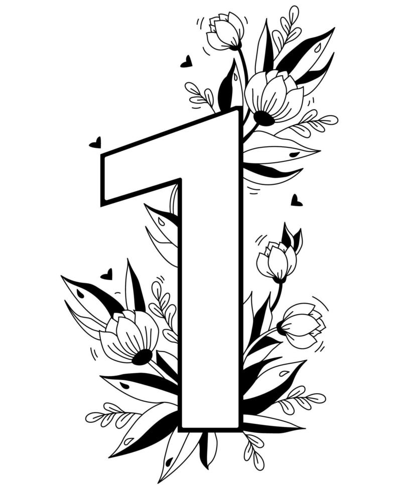 Flower number. Decorative floral pattern digit One. Big 1 with flowers, buds, branches, leaves and hearts. Vector illustration on white background. Line, outline. For greeting cards, design, decor