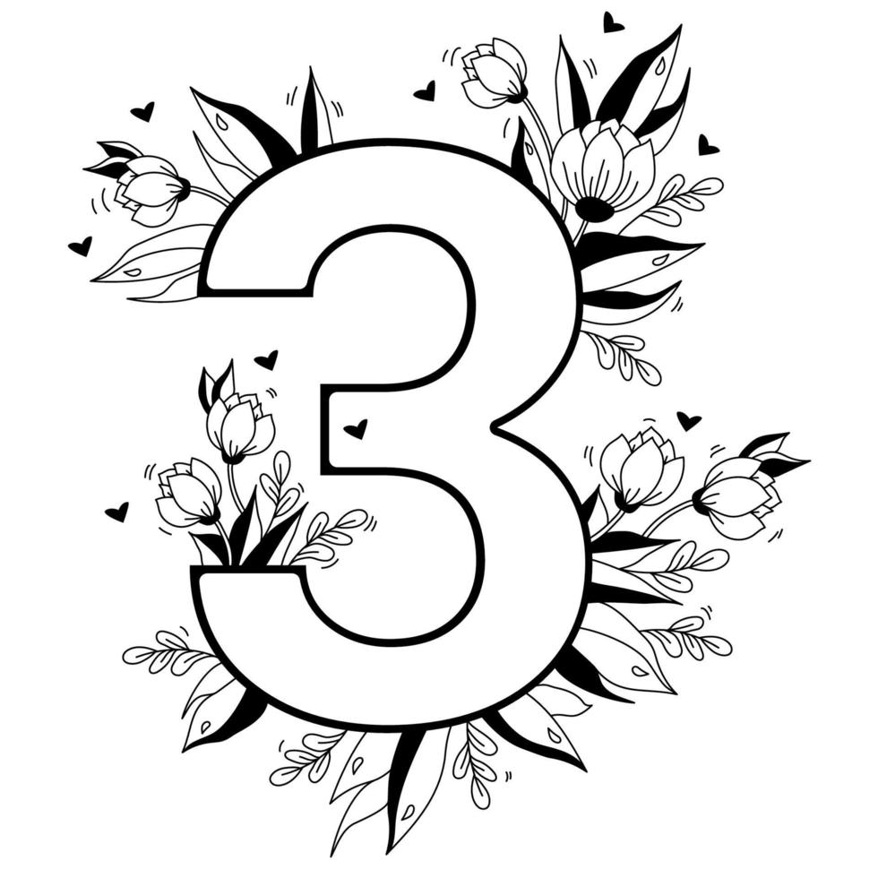 Flower number. Decorative floral pattern numbers Three. Big 3 with flowers, buds, branches, leaves and hearts. Vector illustration on white background. Line, outline. For greeting cards, design, decor