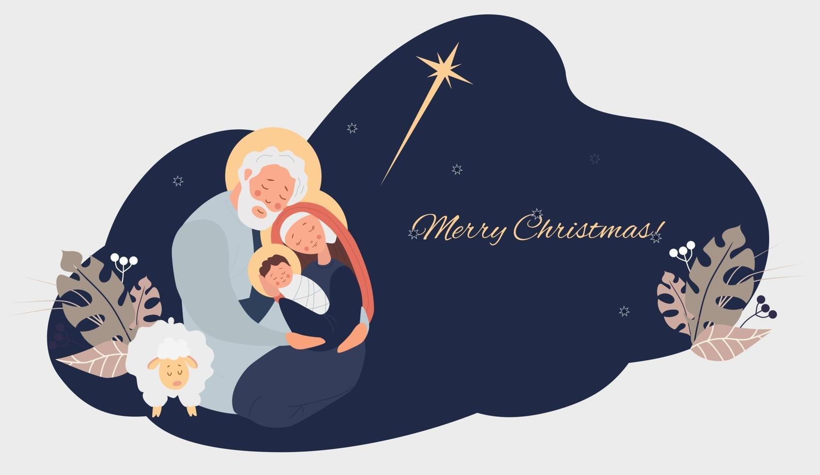 Merry Christmas. Birth of the Savior Christ. Virgin Mary, Joseph and baby Jesus, the star of Bethlehem and sheep on blue background with tropical leaves, decor and congratulations. Vector illustration