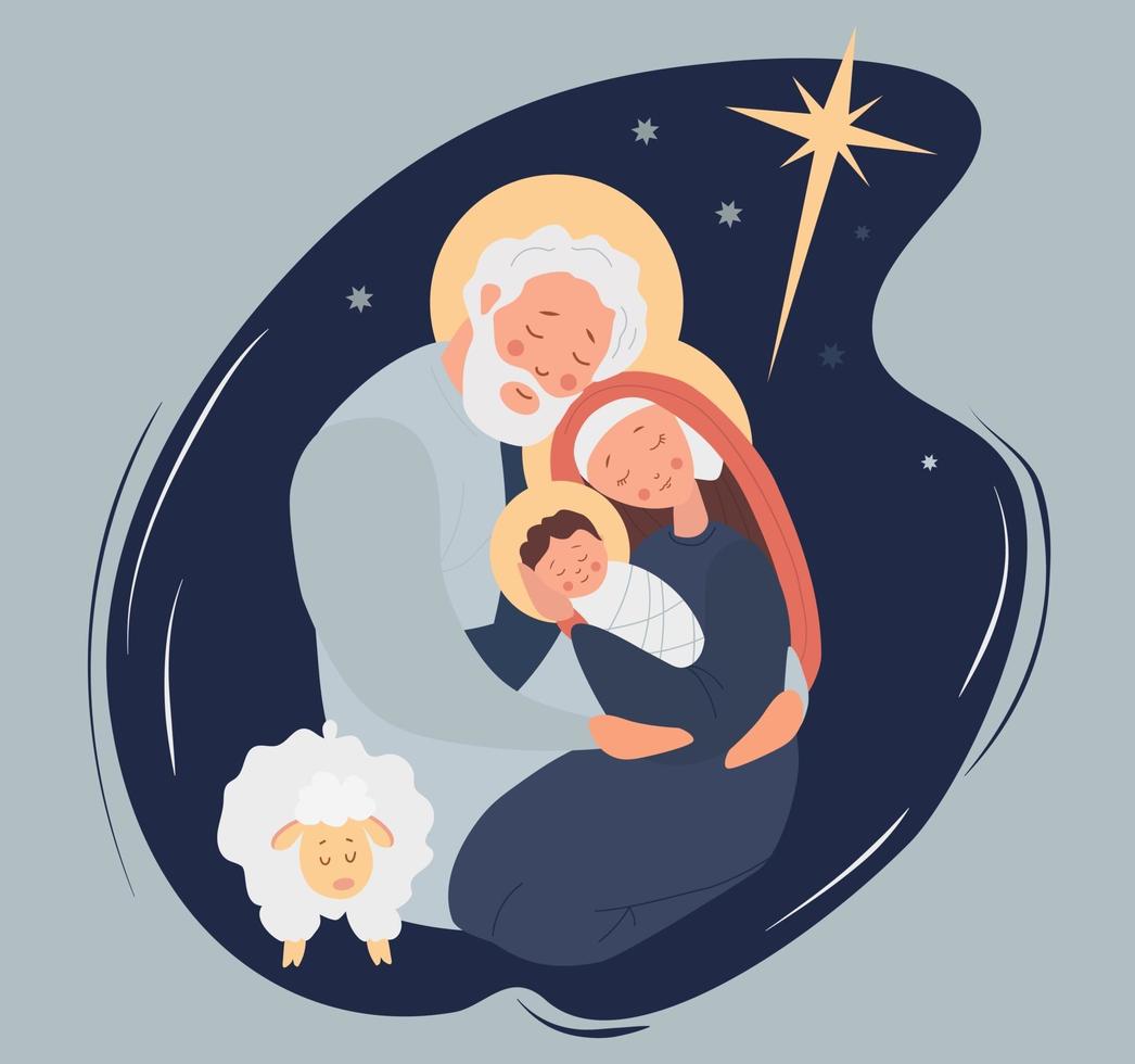 Merry Christmas. Holy Family Virgin Mary and Joseph Birth of the baby Savior Jesus Christ in a manger near the sheep. Holy night and the star of Bethlehem. Vector illustration on Blue background